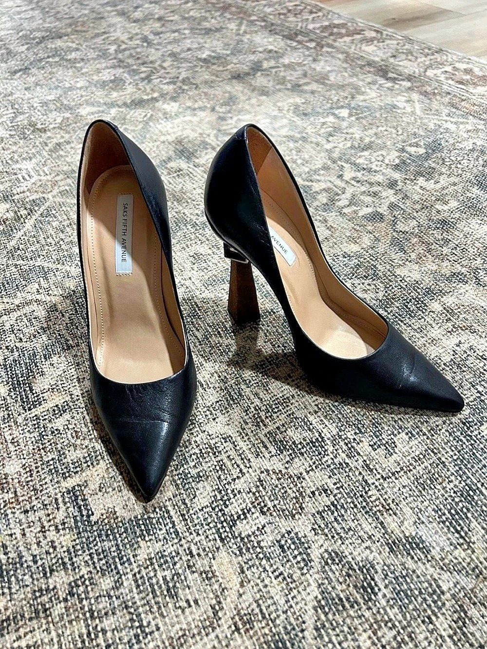 Saks Fifth Avenue Pointed Toe Black Pumps with Sculpted Wooden Heel